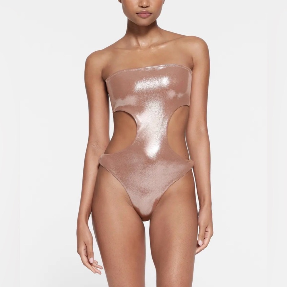 SKIMS Liquid Shine Swim Strapless Cut Out Monokini in Cinnamon XL - NWT